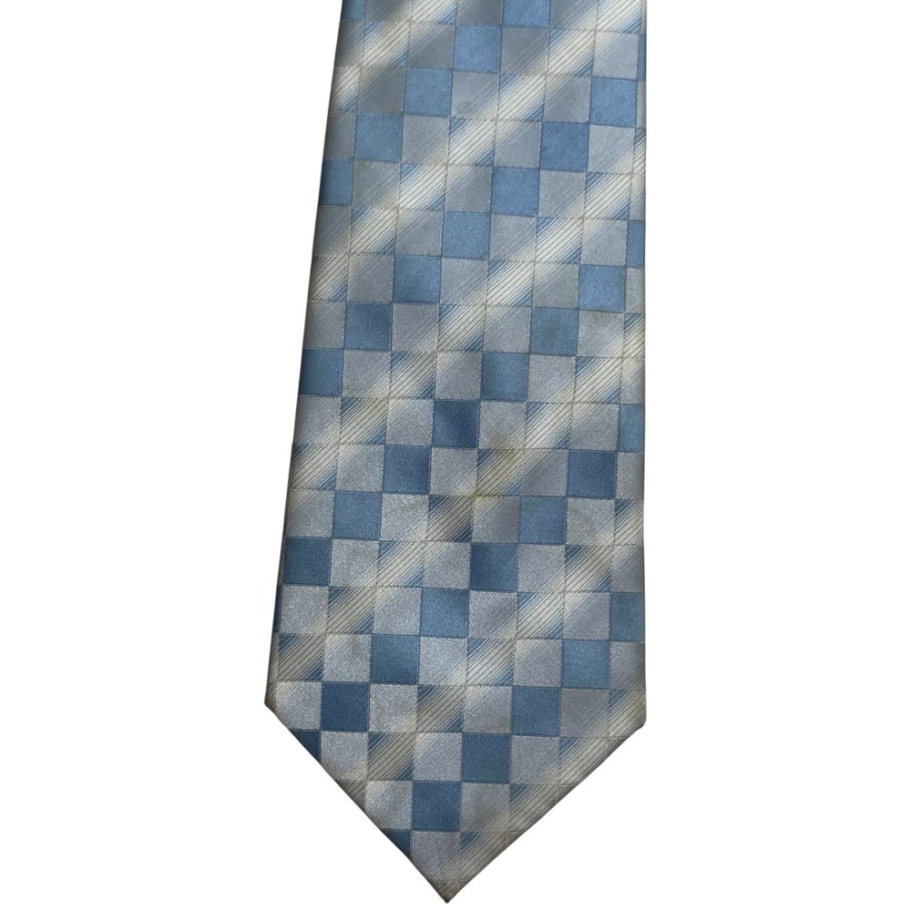 Ferrecci Uomo Tie Blue Silver Checkered Pattern Italy Made Necktie‎